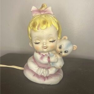 Vintage Girl With Bear Nightlight Kitschy Baby  Collectible W/ Original Plug